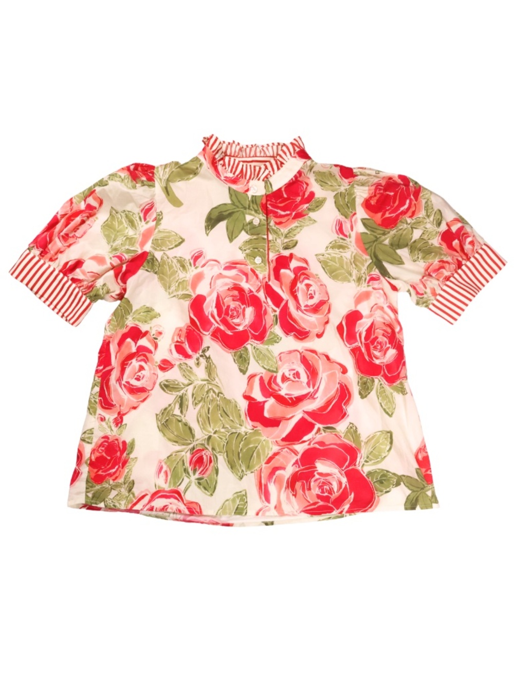 Jodifl Red Rose Floral Blouse Puff Sleeve Ruffle Neck Cottagecore Size Small